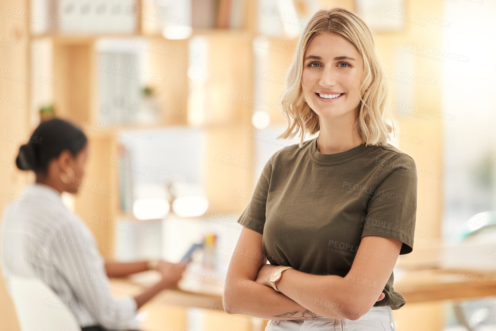 Buy stock photo Business woman, portrait smile and arms crossed for vision, leadership or management startup at office. Happy, confident and creative female employee manager in corporate success, career or mission