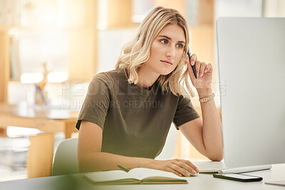 Buy stock photo Business woman, computer research and office employee reading a office work email. Focus of a working creative writer with technology thinking about a online content for a web design project