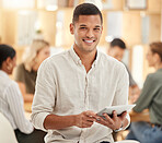 Portrait happy businessman, designer and tablet for internship, digital marketing agency and startup company. Smile young creative employee, digital web planning and happiness in advertising agency