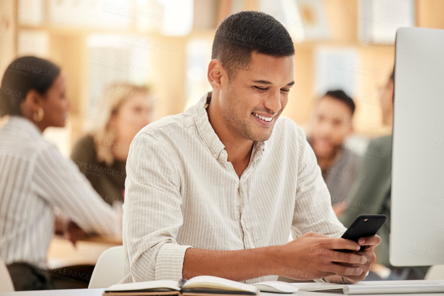 Buy stock photo Happy creative businessman with phone for startup business networking, communication or social media app in office. Computer, tech or  employee with smartphone for contact us or SEO digital email