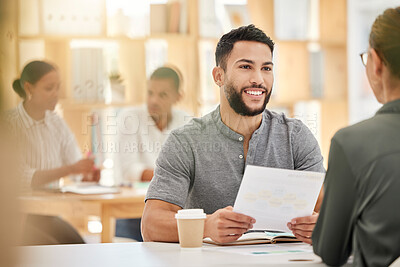 Buy stock photo Creative businessman, meeting and planning documents, paperwork and report for strategy, marketing ideas and collaboration in advertising agency. Happy arab guy, designer and employee goal discussion