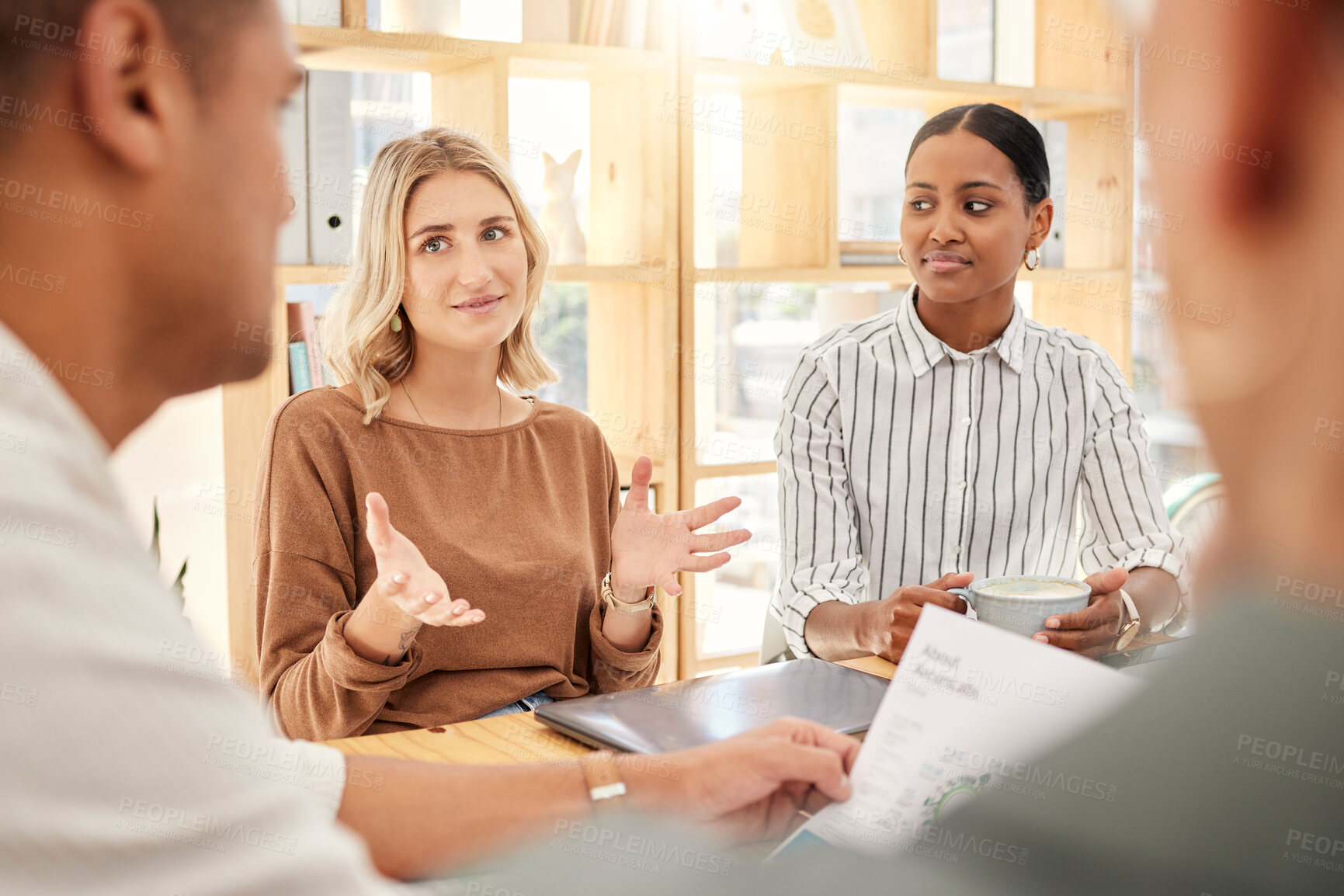 Buy stock photo Documents, teamwork or business people in diversity meeting for innovation marketing strategy, vision or company mission. Collaboration, networking or communication for SEO, data analysis or schedule