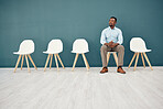 Recruitment, waiting room and business black man thinking of career opportunity, job search hiring and interview for hr mock up, Corporate man, employee or entrepreneur with ideas in Human Resources