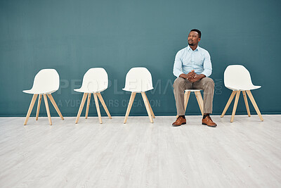 Buy stock photo Recruitment, waiting room and business black man thinking of career opportunity, job search hiring and interview for hr mock up, Corporate man, employee or entrepreneur with ideas in Human Resources