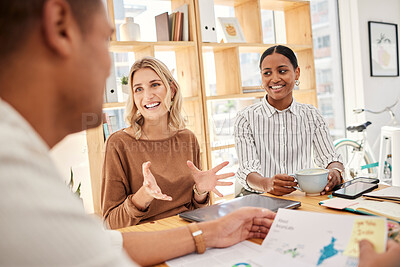Buy stock photo Business meeting, client presentation or b2b partnership deal of women talking in a office. Crm, corporate and working woman workers speaking about agreement communication working on a strategy