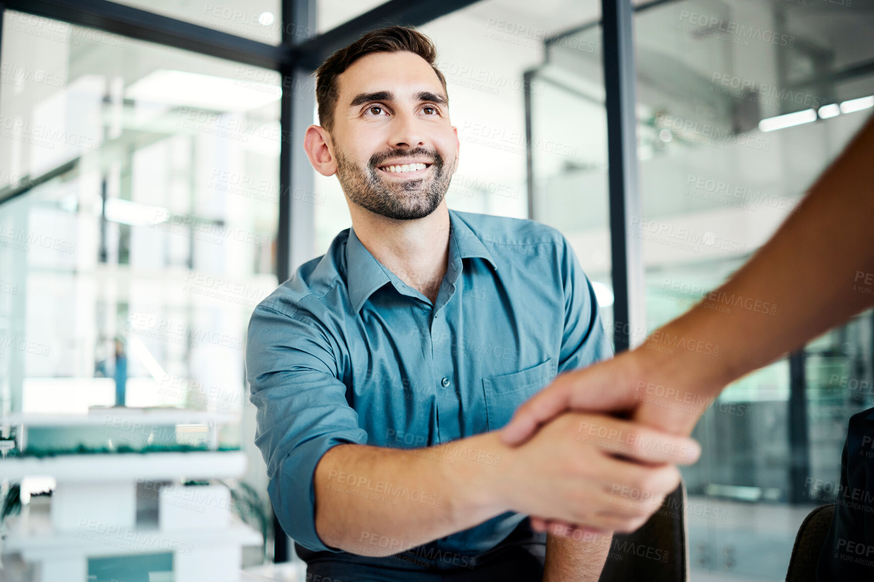 Buy stock photo Businessman, person and handshake for collaboration, thank you and partnership in a interview in office. Happy employee smile for success in recruitment, welcome and shake hands with manager at work