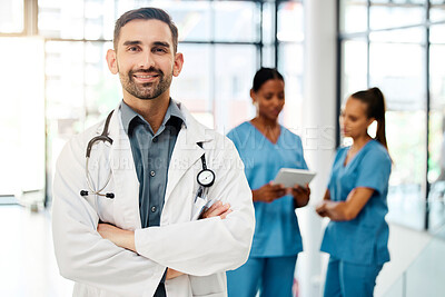 Buy stock photo Doctor, leadership or healthcare employee with smile in hospital for vision, motivation or mission portrait. Health care, medicine or insurance nurse for, health, wellness or medical help in clinic