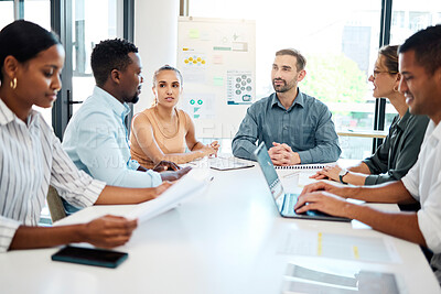 Buy stock photo Business people, marketing and advertising team planning, infographic and communicate for startup project. Men, women and diversity staff with workers talking, idea and strategy at a table in office