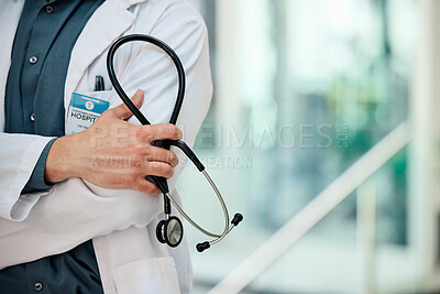Buy stock photo Zoom of healthcare doctor hand with stethoscope for medical cardiology, wellness insurance or breathe in hospital. Nurse, research or employee in clinic for surgery support, medicine help or health 