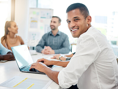 Buy stock photo Businessman, laptop and smile for management, meeting or marketing discussion or planning at the office. Happy employee man taking notes or minutes for conversation on computer at the workplace
