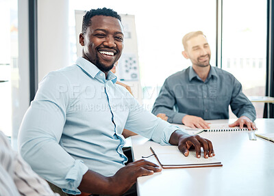 Buy stock photo Meeting, corporate and portrait of African businessman sitting in the office boardroom with his team. Happy, smile and professional black man planning a company strategy or project in conference room
