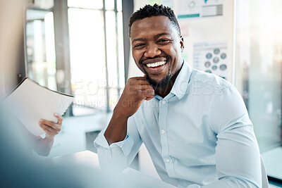 Buy stock photo Black business man, employee and smile of a office worker listening to a presentation. Portrait of a happy startup entrepreneur in a b2b strategy meeting or hiring interview for a marketing company 
