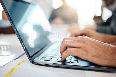 Buy stock photo Computer, businessman and employee hands typing an email in a corporate office. Working, planning and work web research of a business man writing technology analytics or IT code for company strategy 