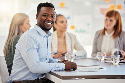 Buy stock photo Portrait of employee, happy and smile in meeting with team planning, conversation and communication in office. Black man in training, workshop or seminar with business people for corporate teamwork