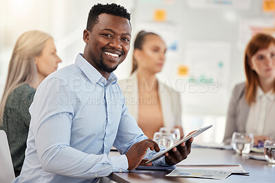 Buy stock photo Black man, tablet and business, meeting and collaboration, planning and strategy for digital marketing company and seo. Businessman with tech, teamwork and diversity, corporate workshop.