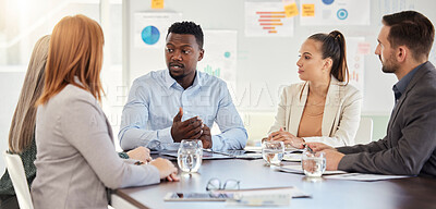 Buy stock photo Diversity, business meeting or teamwork for planning, creative innovation marketing idea or collaboration in office. Networking, communication or team building for startup mission, vision or strategy