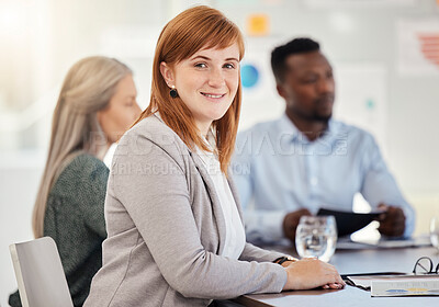 Buy stock photo Business woman, smile and young lawyer in a team strategy meeting in a office board room. Portrait of a corporate law firm worker at a table ready for working on a business meeting collaboration