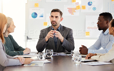 Buy stock photo Business meeting, finance strategy and corporate man speaker with an office team talking and planning. Teamwork, working and company communication of a discussion about financial data and information