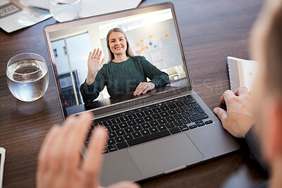 Buy stock photo Video call, computer and greeting wave of a person on a computer conference digital chat. Laptop screen, technology and work web seminar of a woman waving in a online internet office meeting