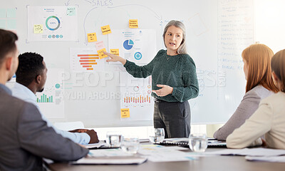 Buy stock photo Manager, ceo and leader with coaching, infographic and team planning, graph and chart for company growth or development. Business people learning, seo training and workshop presentation from mentor