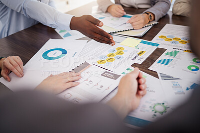 Buy stock photo Hands, finance and business people in a meeting with chart, graph and documents in office. Hand, paper and digital marketing statistics with team collaboration on sales, growth and profit analysis