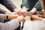 Fist bump, office teamwork and diversity of hands together for business and team support. Team building, community and collaboration success hand sign of company worker staff group showing community 