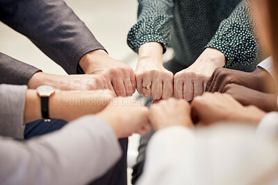 Buy stock photo Fist bump, office teamwork and diversity of hands together for business and team support. Team building, community and collaboration success hand sign of company worker staff group about to work 