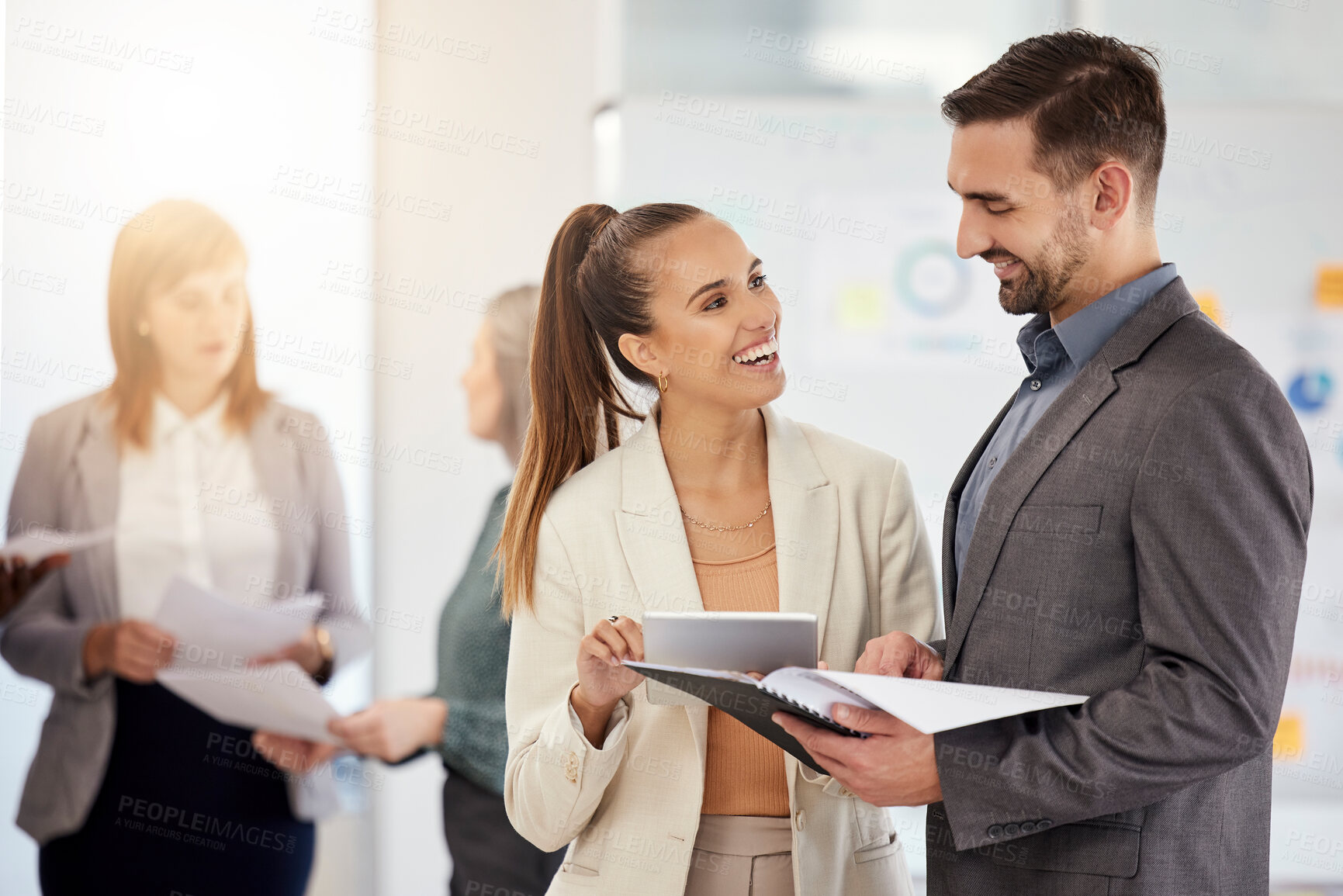 Buy stock photo Business, communication and happy employee discussion of staff with office documents. Corporate work, conversation and talking workers laughing together planning a finance numbers teamwork project 