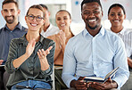 Business people, smile and applause for workshop training, conference or presentation at the office. Group of happy corporate employee workers clapping for meeting, convention or coaching at work