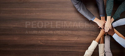Buy stock photo Mockup, business people hands and motivation of team building, trust and success, partnership and winner support on wood background. Above teamwork celebrate collaboration, achievement and faq goals 