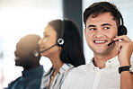 Man, consultant and call center with smile for telemarketing, communication or advice at the office. Happy male employee agent smiling with headset in contact us, customer service or online support