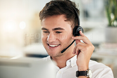 Buy stock photo Headset, young man and call center for customer service, communication and sales growth. Telemarketing, male employee and consultant happy to have conversation, being helpful and talking with clients