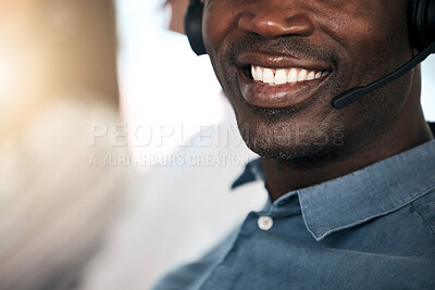 Buy stock photo Customer support, black man and smile of a telemarketing worker on a call. Happy internet call center employee working on customer service, digital consultant work and contact us communication
