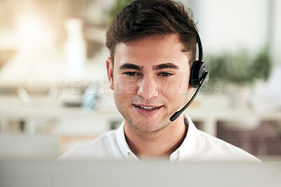 Buy stock photo Man, call center and consultant with smile for communication, telemarketing or advice at the office. Happy male employee agent smiling with headset in contact us, consulting or desktop support