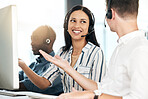 Business people, team and call center agency in collaboration for telemarketing advice at the office. Happy corporate employee consultant smile for customer service, help or desktop support at work
