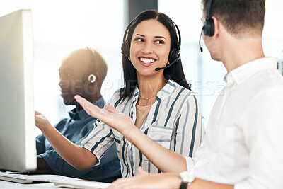 Buy stock photo Business people, team and call center agency in collaboration for telemarketing advice at the office. Happy corporate employee consultant smile for customer service, help or desktop support at work
