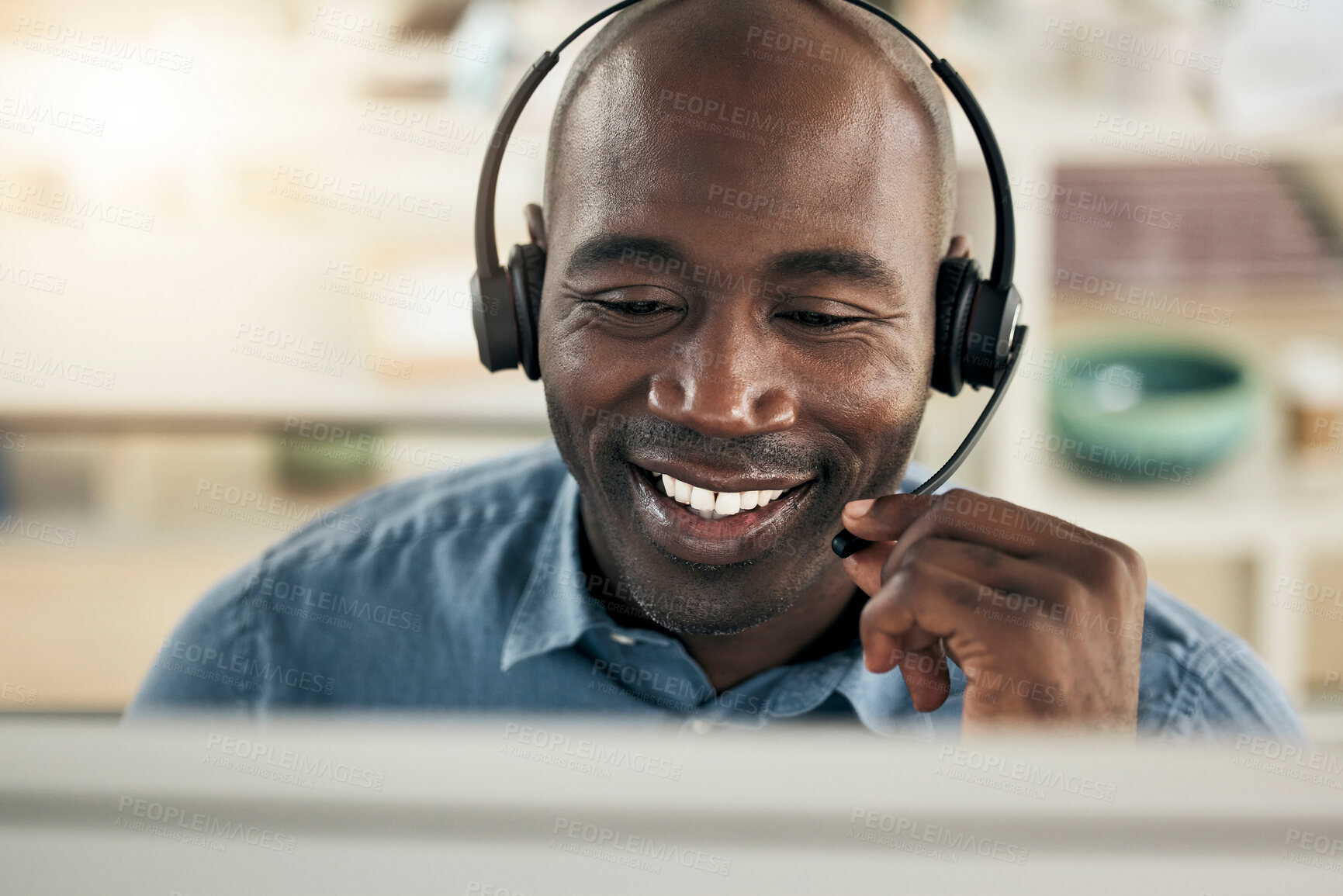 Buy stock photo Black man, smile and call center consulting in telemarketing, contact us or customer service at the office. Happy African American male employee consultant smiling with headset for desktop support