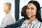 Telemarketing, customer support, and woman online help worker consulting on an office online call. Portrait of a happy call center and crm employee with headset working on a customer service job
