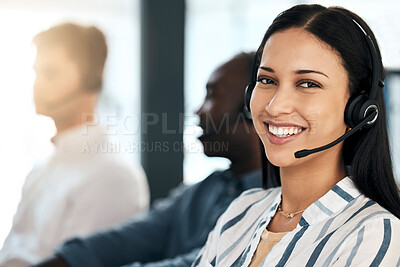 Buy stock photo Telemarketing, customer support, and woman online help worker consulting on an office online call. Portrait of a happy call center and crm employee with headset working on a customer service job
