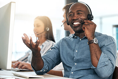 Buy stock photo Call center, black man and talking for customer service, smile and headset in office. Telemarketing, happy male consultant or client support for sales growth, consulting and conversation for business