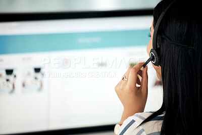 Buy stock photo Contact us, customer service, woman telemarketing employee on a computer call consultation. Back view of crm and web help office consultant with headset talking about call center working support