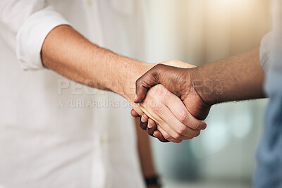 Buy stock photo Business, handshake and partnership for deal, agreement or commitment in collaboration at the office. Hands of people shaking for meeting, b2b or greeting in teamwork, care and support at workplace