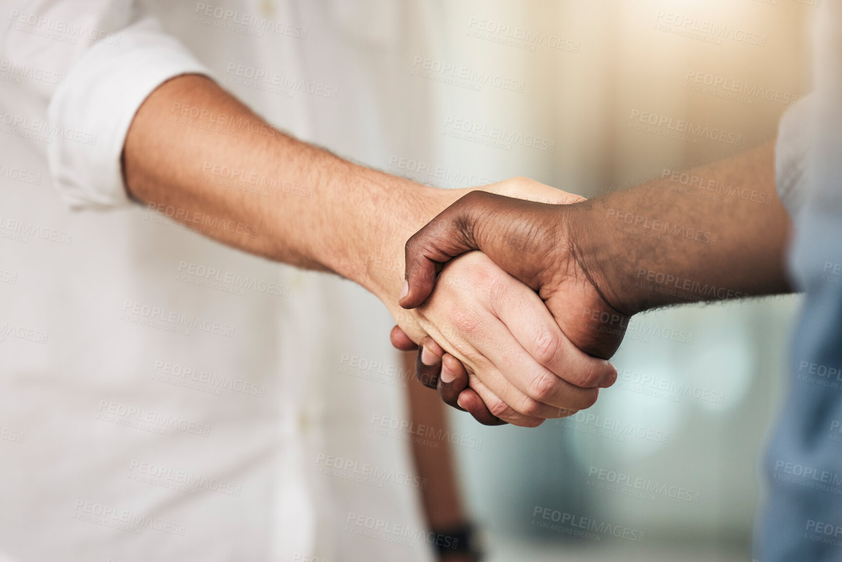 Buy stock photo Business, handshake and partnership for deal, agreement or commitment in collaboration at the office. Hands of people shaking for meeting, b2b or greeting in teamwork, care and support at workplace