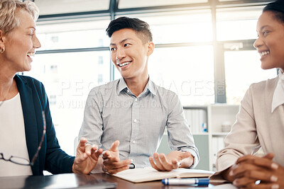 Buy stock photo Diversity, business meeting and team have conversation for marketing planning, advertising strategy and sales goal. Teamwork, collaboration and group talking company growth, finance and communication