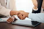 Hand shake, corporate partnership and business people in meeting for collaboration, welcome or greeting. Team, professional and colleagues shaking hands for deal, agreement or onboarding in workplace
