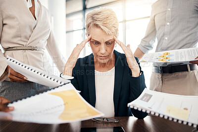 Buy stock photo Business woman, stress, burnout and documents with staff question, management and frustrated with work load. Mature manager with mental health, tired and headache while working with finance paperwork