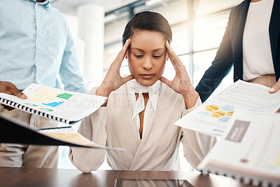 Buy stock photo Stress headache, burnout and woman overwhelmed with workload with poor time management. Frustrated, overworked and tired lady with tablet at startup office, anxiety from deadline time pressure crisis