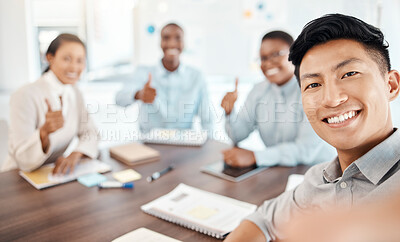 Buy stock photo Selfie, success and business people in a meeting with thumbs up for partnership, collaboration and thank you. Teamwork, corporate and portrait of a young employee with a photo in a workshop at work