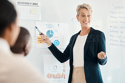 Buy stock photo Training, business woman and leader presentation for finance update, marketing data and seminar for chart, discussion and planning budget. Trainer, female mentor or coach speaking, strategy and sales