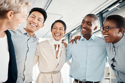 Buy stock photo Happy, team building and business people hug in a meeting for successfully coworking in group collaboration. Diversity, teamwork and employees excited in a modern office with goals for growth
